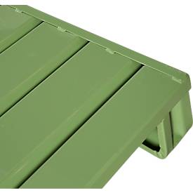 Stahlflachpalette, Euro-Maß, bis 1500 kg, geschlossenes Oberdeck, 2 Stahlkufen, L 1200 x B 800 x H 130 mm, Stahl, Resedagrün RAL 6011