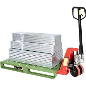 Stahlflachpalette, Euro-Maß, bis 1500 kg, geschlossenes Oberdeck, 2 Stahlkufen, L 1200 x B 800 x H 130 mm, Stahl, Resedagrün RAL 6011