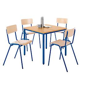 Stahlrohr-Tisch mit 4 Stapelstühlen, Gestell blau 