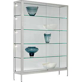 Stand-Präsentationsvitrine, 2 Schiebetüren, Aluminium-Rahmen, ESG-Verglasung, B 1500 x T 400 x H 1950 mm, silber