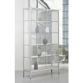 Stand-Präsentationsvitrine, doppelflüglige Drehflügeltür, Aluminium-Rahmen, ESG-Verglasung, B 800 x T 400 x H 1950 mm, silber