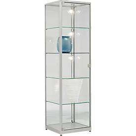 Stand-Präsentationsvitrine, Drehflügeltür, 4 Fachböden, Aluminium-Rahmen, ESG-Verglasung, B 500 x T 500 x H 1800 mm, silber