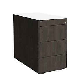 Standcontainer SOLUS PLAY, 1 Utensilienauszug, 3 Schübe, Tiefe 800 mm, grifflos, Mooreiche