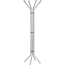Standgarderobe, 4 Holzknöpfe, 8 Kleiderhaken, Ø 520 x H 1800 mm, Metall und Holz, silber