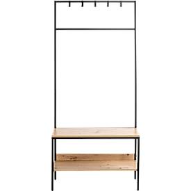 Standgarderobe HAKU, 5 Haken, Gesamttragkraft 15 kg, 2 Ablagen, B 800 x T 350 x H 1800 mm, Stahl/Holz/Metall, schwarz/helles Eiche-Dekor