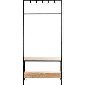 Standgarderobe HAKU, 5 Haken, Gesamttragkraft 15 kg, 2 Ablagen, B 800 x T 350 x H 1800 mm, Stahl/Holz/Metall, schwarz/helles Eiche-Dekor