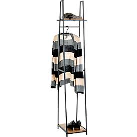 Standgarderobe HAKU, Gesamttragkraft 15 kg, 2 Ablagen, B 380 x T 400 x H 1660 mm, Stahl/Holz, schwarz/dunkles Eiche-Dekor