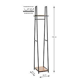 Standgarderobe HAKU, Gesamttragkraft 15 kg, 2 Ablagen, B 380 x T 400 x H 1660 mm, Stahl/Holz, schwarz/dunkles Eiche-Dekor