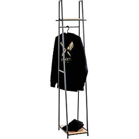 Standgarderobe HAKU, Gesamttragkraft 15 kg, 2 Ablagen, B 380 x T 400 x H 1660 mm, Stahl/Holz, schwarz/helles Eiche-Dekor