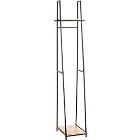 Standgarderobe HAKU, Gesamttragkraft 15 kg, 2 Ablagen, B 380 x T 400 x H 1660 mm, Stahl/Holz, schwarz/helles Eiche-Dekor