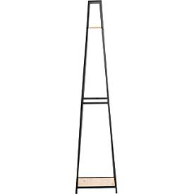 Standgarderobe HAKU, Gesamttragkraft 15 kg, 2 Ablagen, B 380 x T 400 x H 1660 mm, Stahl/Holz, schwarz/helles Eiche-Dekor