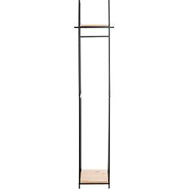 Standgarderobe HAKU, Gesamttragkraft 15 kg, 2 Ablagen, B 380 x T 400 x H 1660 mm, Stahl/Holz, schwarz/helles Eiche-Dekor