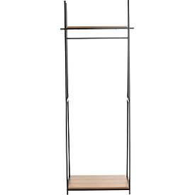 Standgarderobe HAKU, Gesamttragkraft 15 kg, 2 Ablagen, B 680 x T 400 x H 1660 mm, Stahl/Holz, schwarz/dunkles Eiche-Dekor
