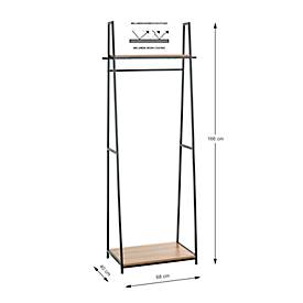 Standgarderobe HAKU, Gesamttragkraft 15 kg, 2 Ablagen, B 680 x T 400 x H 1660 mm, Stahl/Holz, schwarz/dunkles Eiche-Dekor