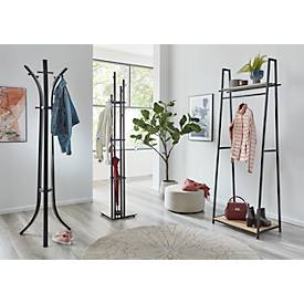 Standgarderobe HAKU, Gesamttragkraft 15 kg, 2 Ablagen, B 680 x T 400 x H 1660 mm, Stahl/Holz, schwarz/helles Eiche-Dekor