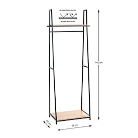 Standgarderobe HAKU, Gesamttragkraft 15 kg, 2 Ablagen, B 680 x T 400 x H 1660 mm, Stahl/Holz, schwarz/helles Eiche-Dekor