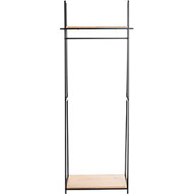 Standgarderobe HAKU, Gesamttragkraft 15 kg, 2 Ablagen, B 680 x T 400 x H 1660 mm, Stahl/Holz, schwarz/helles Eiche-Dekor