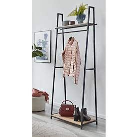 Standgarderobe HAKU, Gesamttragkraft 15 kg, 2 Ablagen, B 680 x T 400 x H 1660 mm, Stahl/Holz, schwarz/helles Eiche-Dekor