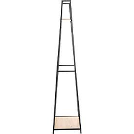 Standgarderobe HAKU, Gesamttragkraft 15 kg, 2 Ablagen, B 680 x T 400 x H 1660 mm, Stahl/Holz, schwarz/helles Eiche-Dekor