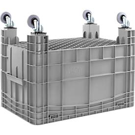 Stapel- und Transportgroßbehälter 285 L, H 1040 x B 640 x H 670 mm, Lebensmittelecht, von -40°C bis +60°C, 4 Lenkrollen