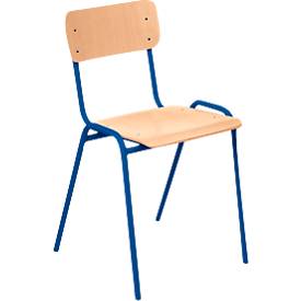 Stapelstuhl Ceha® CS 3, stapelbar bis 15 Stück, ohne Armlehnen, Sperrholz & Stahlrohr pulverbeschichtet, B 385 x T 390 x H 490 mm, Buche/blau