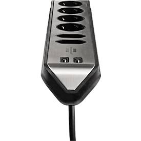 Steckdosenleiste brennenstuhl estilo, 6-fach, 2 USB-Ladebuchsen, IP20, Kabellänge 2 m, L 365 x B 60 x T 110 mm, Edelstahl & Kunststoff, schwarz-silber