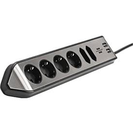 Steckdosenleiste brennenstuhl estilo, 6-fach, 2 USB-Ladebuchsen, IP20, Kabellänge 2 m, L 365 x B 60 x T 110 mm, Edelstahl & Kunststoff, schwarz-silber