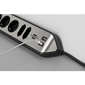 Steckdosenleiste brennenstuhl estilo, 6-fach, 2 USB-Ladebuchsen, IP20, Kabellänge 2 m, L 365 x B 60 x T 110 mm, Edelstahl & Kunststoff, schwarz-silber