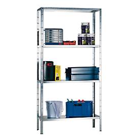 Steckregal im Baukastensystem, Grundregal, 4 verstellbare Fachböden, B 800 x T 300 x H 1500 mm, Stahl verzinkt, silber