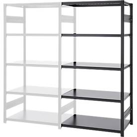 Steckregal ORDO Business, Anbauregal, modular, 5 Fachböden, Fachlast 185 kg, Feldlast 1200 kg, B 1310 x T 435 x H 2000 mm, Stahl, schwarz