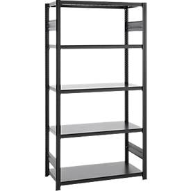 Steckregal ORDO Business, Grundregal, modular, 5 Fachböden, Fachlast 130 kg, Feldlast 1000 kg, B 810 x T 535 x H 2500 mm, Stahl, schwarz