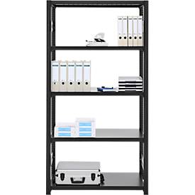 Steckregal ORDO Business, Grundregal, modular, 5 Fachböden, Fachlast 140 kg, Feldlast 1200 kg, B 1060 x T 435 x H 2000 mm, Stahl, schwarz
