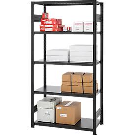 Steckregal ORDO Business, Grundregal, modular, 5 Fachböden, Fachlast 185 kg, Feldlast 1000 kg, B 1360 x T 835 x H 2500 mm, Stahl, schwarz