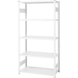 Steckregal ORDO Professional, Grundregal, modular, 5 Fachböden, Fachlast 140 kg, Feldlast 1200 kg, B 1060 x T 535 x H 2000 mm, Stahl, verkehrsweiß RAL 9016