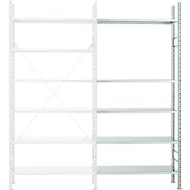 Steckregal R 3000, Komplettregal 5,155 m, 1 Grund- und 4 Anbaufelder incl. 25 Böden, lackiert, H 2278 x B 5155 x T 300 mm