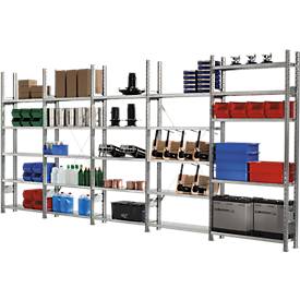 Steckregal R 3000, Komplettregal 5,155 m, 1 Grund- und 4 Anbaufelder incl. 25 Böden, verzinkt, H 2278 x B 5155 x T 300 mm