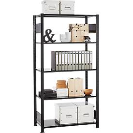 Steckregal Schulte Lagertechnik MULTIplus 150, Grundregal mit Längenriegel, 5 höhenverstellbare Fachböden, bis 1300 kg, B 1000 x T 500 x H 2000 mm Stahl, schwarz