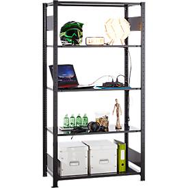 Steckregal Schulte Lagertechnik MULTIplus 150, Grundregal mit Längenriegel, 5 höhenverstellbare Fachböden, bis 1300 kg, B 1000 x T 500 x H 2000 mm Stahl, schwarz