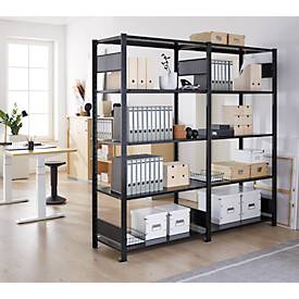 Steckregal Schulte Lagertechnik MULTIplus 150, Grundregal mit Längenriegel, 5 höhenverstellbare Fachböden, bis 1300 kg, B 1000 x T 500 x H 2000 mm Stahl, schwarz