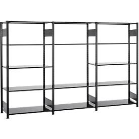 Steckregal Set Schulte Lagertechnik MULTIplus 150, 1 x Grundregal & 2 x Anbauregal, 14 höhenverstellbare Fachböden, B 3000 x T 500 x H 2000 mm, Stahl, schwarz