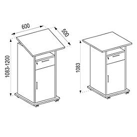 Stehpult Melta, mobil, höhenverstell-/neigbar, 1 offenes Fach, 1 abschließbarer Schub, 2 Fächer mit Tür, B 600 x T 500 x H 1090-1200 mm, Holz, Buche-Dekor