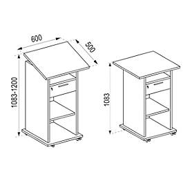 Stehpult Melta, mobil, höhenverstell-/neigbar, 3 offene Fächer & 1 abschließbarer Schub, B 600 x T 500 x H 1090-1200 mm, Holz, weiß