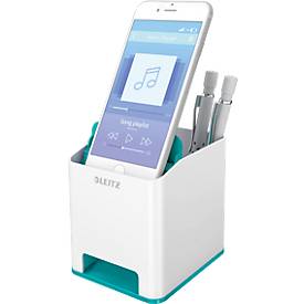 Stiftehalter Leitz WOW Sound, 1 Fach, Smartphone-Fach mit Soundverstärkung, weiß/eisblau