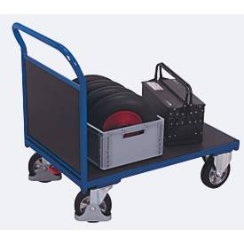 Stirnwandwagen, Stahl/Siebdruckplatte, Enzianblau/Dunkelbraun, L 1625 x B 800 mm, Vollgummi-Rollen mit EasySTOP, bis 1000 kg