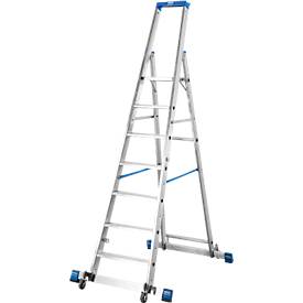 Stufenstehleiter, mit 7 Stufen, Aluminium, fahrbar mit Traverse
