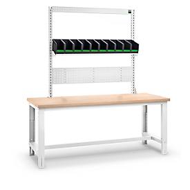 Systemwerkbank Bott cubio, mit Aufnahmerahmen, Schubladen, Buche-Multiplexplatte, bis 800 kg, B 2000 x T 750 mm, Lichtgrau