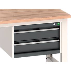 Systemwerkbank Bott cubio, mit Aufsatzrahmen und Schlitzplatte, Schubladen, Buche-Multiplexplatte, bis 800 kg, B 2000 x T 750 mm, Lichtgrau