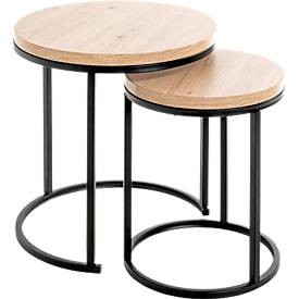 Table d'appoint HAKU, set de 2, ronde, tube d'acier, revêtement par poudre, décor chêne clair, noir