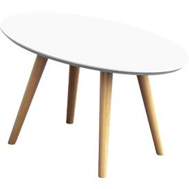 Table d'appoint SCANDI, ovale, cadre à 4 pieds en bois massif, L 650 x P 400 x H 350 mm, blanc / hêtre