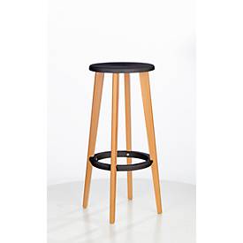 Tabouret de bar WOODY, plastique ABS, avec anneau repose-pieds, pieds en bois massif, hauteur d'assise 760 mm 2 unités, noir